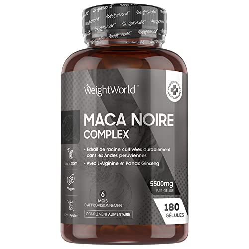 Maca Noire + Ginseng 5550mg Par Gélule - 180 Gélules Vegan (6 Mois) - Maca Complexe Avec Panax Ginseng, L-Arginine, Poivre Noir & Zinc - Extrait de Racine de Maca (100:1) - Puissant & Sans OGM