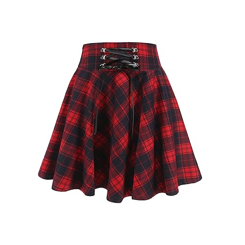 TONCHENGSD Women's Gothic Punk Plaid Pleated High Waisted Short A-line Flare Mini Skirt - X-Large - 4# Red Plaid