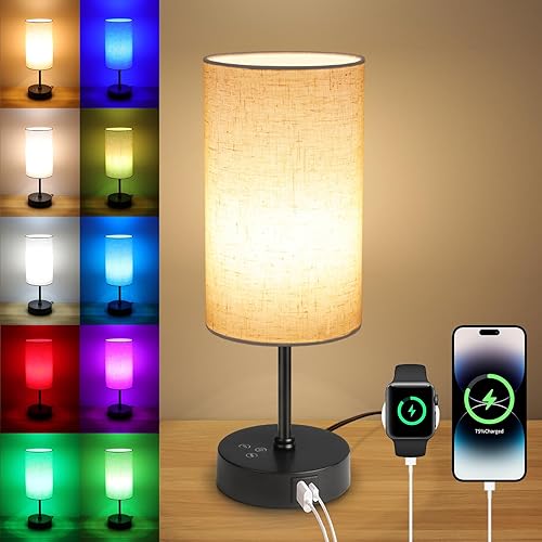 Ascher RGB Table Lamp Color Changing - 3 Color Temperatures and Stepless Dimmable Small Bedside Lamp for Bedroom, Touch Control Nightstand Light with Flaxen Shade for Reading Home Decor Lights - Flaxen