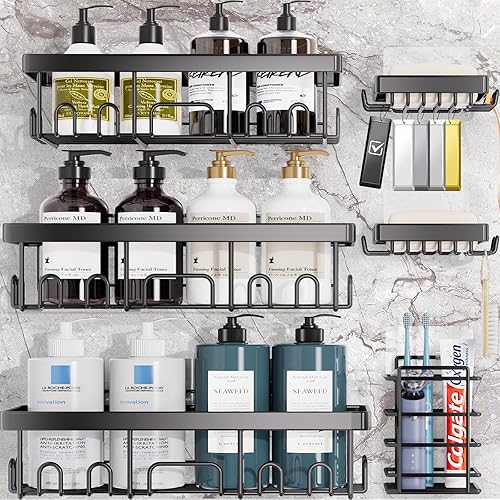 Veken Adhesive Shower Caddy 6-Pack, Large Capacity Bathroom Organizers and Storage, Rustproof Shelves Rack with Soap Holder, No Drilling Wall-Mounted Kitchen & Home Decor, Bath Decor&Essentials, Black
