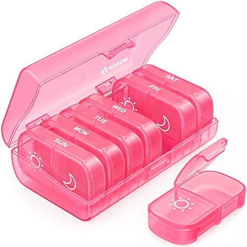 AUVON XL Weekly Pill Organizer 2 Times a Day, AM PM Pill Box 7 Day with One-Side Large Opening Design for Easy Filling, Portable Travel Pill Case for Medication, Vitamins, Fish Oils, Supplements - A-pink