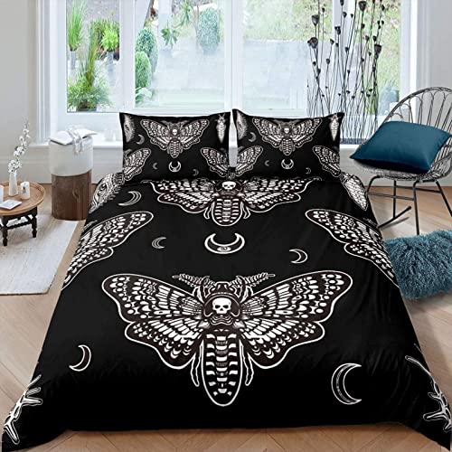 PTNQAZ Black Death Moth Skull Bedding Set Gothic 3D Printed Double Duvet Covers Sets With Pillowcases Bed Linen Quilt Covers Home Textile (Double,Black) - Double - Black