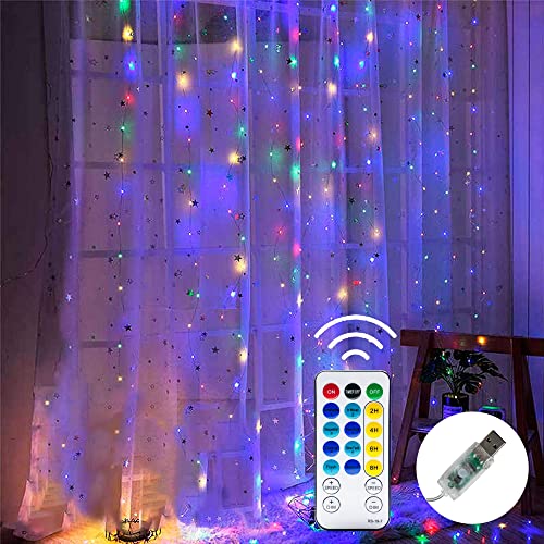 Dazzle Bright Window Curtain String Lights, 300 LED 9.8ft x 9.8ft Multicolor Fairy Lights with 8 Lighting Modes, Waterproof Lights for Bedroom Party Wedding Home Garden Wall Decor - Multicolor