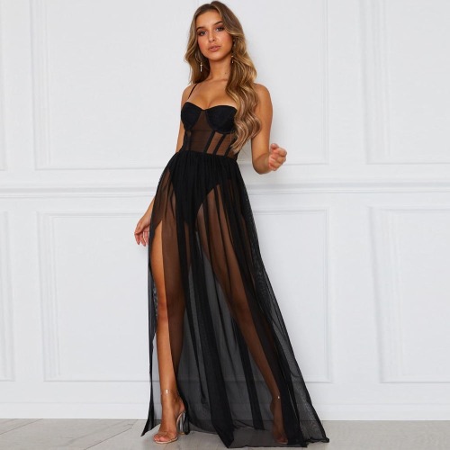 Sheer Corset Maxi Dress. - Black / S