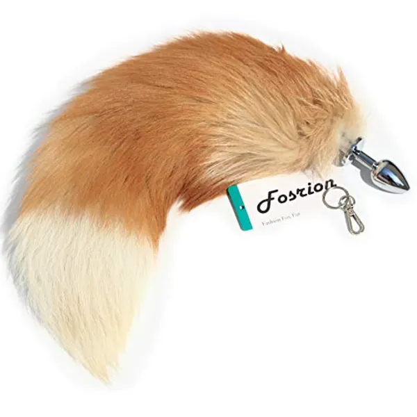 Real Fox Fur Tail Stainless Steel Anal Plug Set - Sensual Adult Toy & Cosplay Accessory (Golden, Medium Plug)