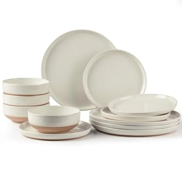 AmorArc Ceramic Dinnerware Sets for 4, 12 Pieces Handpainted Plates and Bowls Set with a wooden type color bottom, Scratch Resistant Stoneware Dishes Set, Dishwasher & Microwave Safe, Light Beige