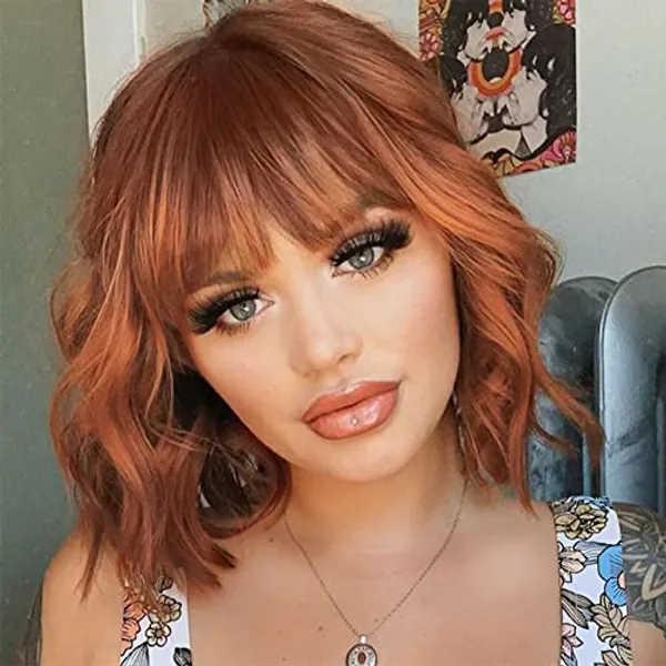 BLONDE UNICORN Auburn Wigs with Bangs Ginger Wig Orange Red Wig Shoulder Length Wavy Wig Middle Part Hair Wig for Women………