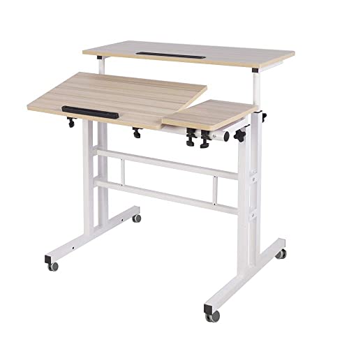 Rolling Standing Desk Height Adjustable, 31.5 inch Stand Up Computer Desk, Sit-Stand Tiltable Top Desk Laptop Stand for Small Spaces, Tall Table for Standing or Sitting, Maple - White Maple