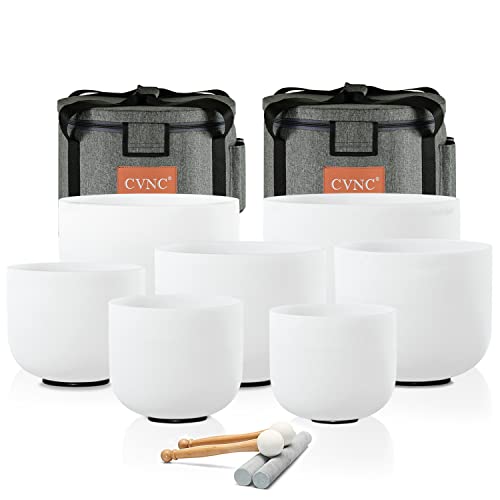 CVNC 432HZ 6-12 Inch Set Of 7 PCS Frosted Chakra Quartz Crystal Singing Bowls For Sound Healing Free 2 PCS Travel Carry Case Bag - 6-12 inch - 432HZ white set with bags