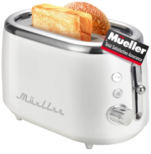 Mueller Retro Toaster 2 Slice with 7 Browning Levels and 3 Functions: Reheat, Defrost & Cancel, Stainless Steel Features, Removable Crumb Tray, Under Base Cord Storage, White - White
