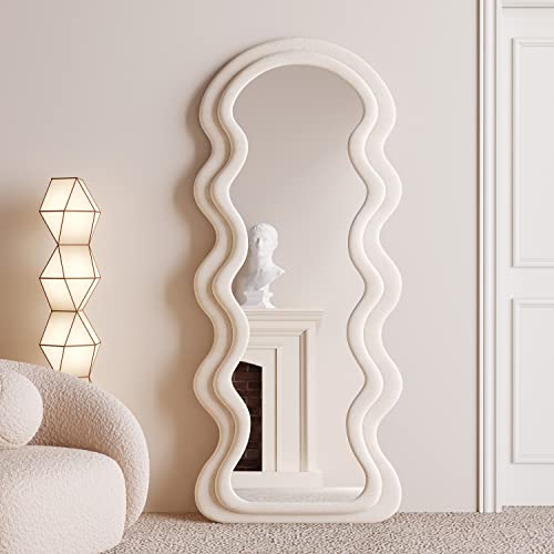 BOJOY Full Length Mirror 63"x24", Irregular Wavy Mirror, Wave Arched Floor Wall Standing Hanging or Leaning Against for Bedroom, Flannel Wrapped Wooden Frame Mirror-White