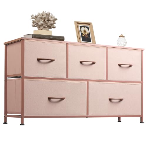 WLIVE Dresser for Bedroom with 5 Drawers, Wide Chest of Drawers, Fabric Dresser, Storage Organization Unit with Fabric Bins for Closet, Living Room, Hallway, Pink and Rose Gold - Pink and Rose Gold - 11.7"D x 39.1"W x 21.7"H