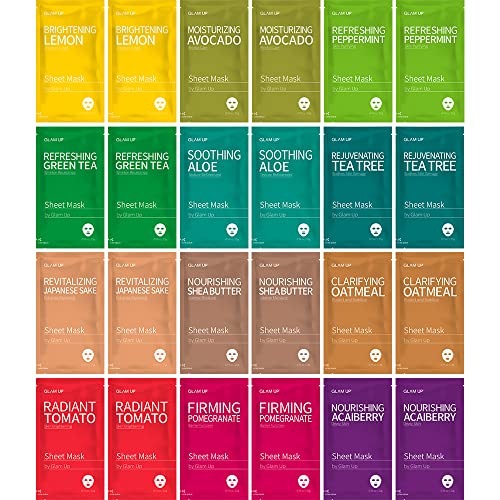GLAM UP Facial Sheet Mask (24 Sheets) - Face Masks Skincare, Hydrating Face Masks, Moisturizing, Brightening and Soothing, Beauty Mask For All Skin Type - 1 Count (Pack of 24)