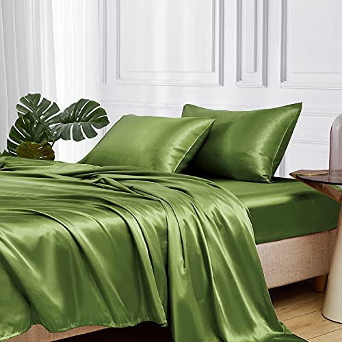 MR&HM Satin Bed Sheets, Queen Size Sheets Set, 4 Pcs Silky Bedding Set with 15 Inches Deep Pocket for Mattress(Queen, Sage) - 15 - Sage - Queen