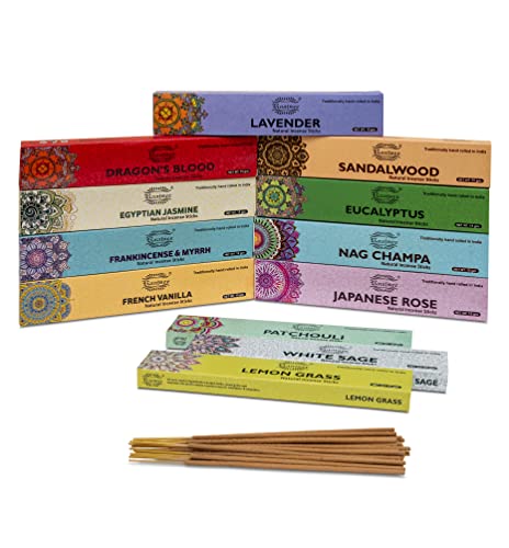 Raajsee Incense Sticks Assorted Pack (180 gm), 100% Pure Organic Natural Hand Rolled Free from Chemicals - Perfect for Aromatherapy, Cleansing, Meditation, and Church (12 Pack) - Assorted 12 Pack