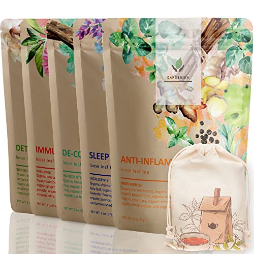 Gardenika Organic Loose Leaf Tea Sampler - Herbal Caffeine-Free Set - Ayurvedic, Kosher, No Natural or Artificial Flavors - 5 Pack - Wellness & Immunity