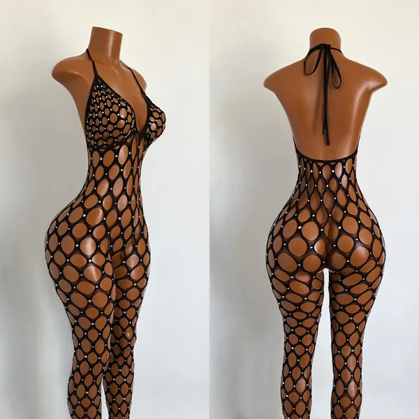 Exotic Dancewear Fishnet Body Stocking with Bohemian Crystals