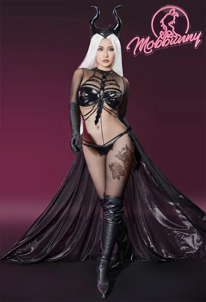 Halloween Demon Sexy Lingerie Set Gothic Skeleton Top and Thong with See-Through Mesh Bodysuit and Headdress Gloves