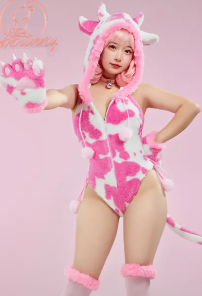 Sexy Lingerie Set Plush Bodysuit Cow Print Hooded Backless Romper with Gloves and Thigh Socks