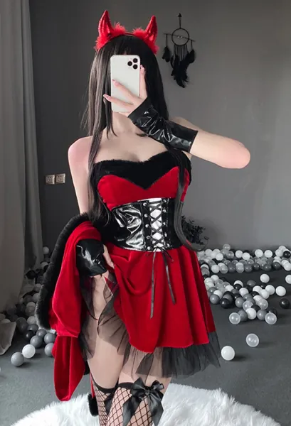 Christmas Style Sexy Lingerie Tube Dress with Short Cloak and Headdress