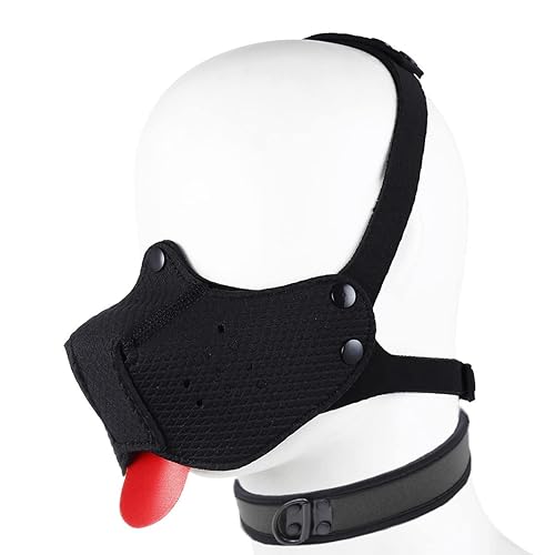 Neoprene Puppy Hood Mask Removable Mouth Cover Cosplay Dog Full Face Pup Hood Mask Novelty Dog Head Mask with Collar (Black) - Black
