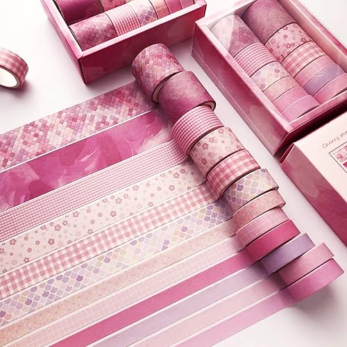 DAPUTOU 12 Rolls Washi Tape Set,Decorative Plaid Pattern Washi Masking Tape Sets for Craft,Kids,Scrapbook,DIY,Gift Wrapping - Pink