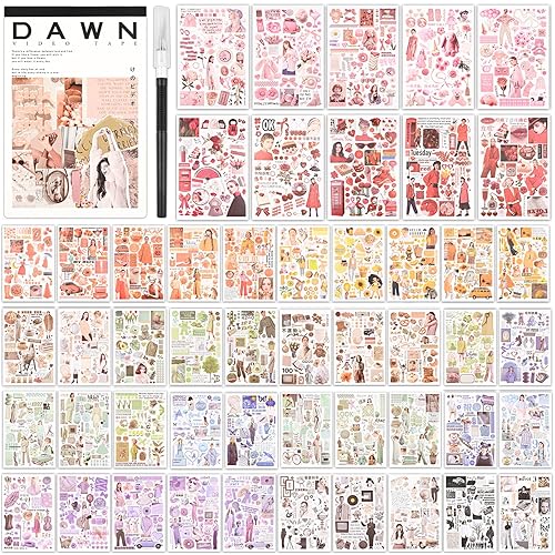 Vintage Washi Stickers for Scrapbooking, Scrapbook Stickers for Junk Journals, 50 Sheets Aesthetic Sticker Book for Journaling Supplies,Art Bullet Journals for Adults Teens Girls with 1pcs Carving - Dawn Video