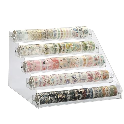 BTSKY 5 Tier Washi Tape Organizer - Clear Plastic Washi Tape Storage Rack, Assembly Washi Tape Storage Holder Washi Tape Dispenser Desk Accessories Display Caddy for Scrapbooking Art Craft Supplies
