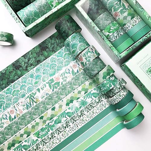DAPUTOU 12 Rolls Green Washi Tape Set,Leaves Floral Tree Washi Masking Tape Colorful Decorative Painters Tape for Craft,Kids,Scrapbook,DIY,Gift Wrapping - Green