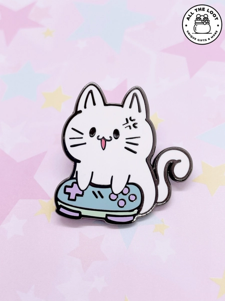 Kawaii gamer cat enamel pin, black nickel finish, cute, funny gift, anime pin, gamer gift, anime art, harajuku, Japanese pop art