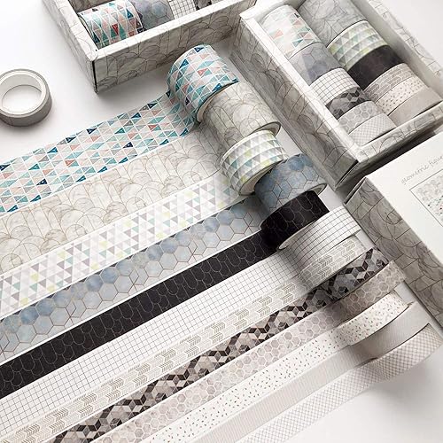 DAPUTOU 12 Rolls Washi Tape Set, Geometric Pattern Japanese Decorative Writable Washi Masking Tape for Scrapbook,DIY,Crafts,Gift - White