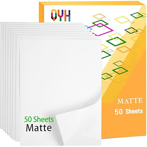 QYH Premium Printable Vinyl Sticker Paper - 50 Matte White Waterproof Decal Paper Sheets for Inkjet Printer Standard Letter Size 8.5"x11" - Matte White - 50 sheets