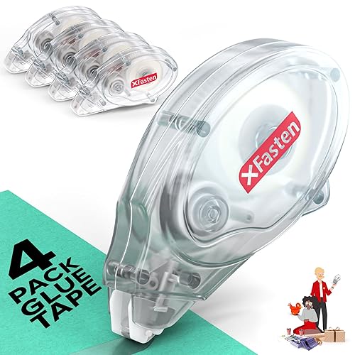 XFasten Glue Tape Roller Runner, Clear, Acid-Free, Zero-Jamming 0.3-inch x 360-inch (4-Pack, 1440-inches Total) Double Sided Gift Wrapping Tape for Scrapbooking, Journal, Photo, Card Making - 4-Pack, 0.3-inch by 360-Inch - Clear Shell (Clear Tape)