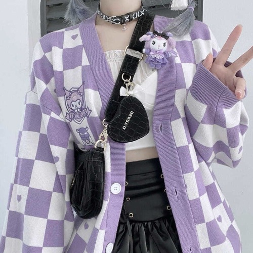 Kawaii Checkered Cardigan - L / Purple