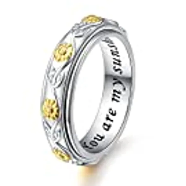 Ladytree Anxiety Spinner Rings Sunflower You Are My Sunshine Fidget Ring Sterling Silver ADHD Stress Relieving Ring Engagement Wedding Promise Band Ring