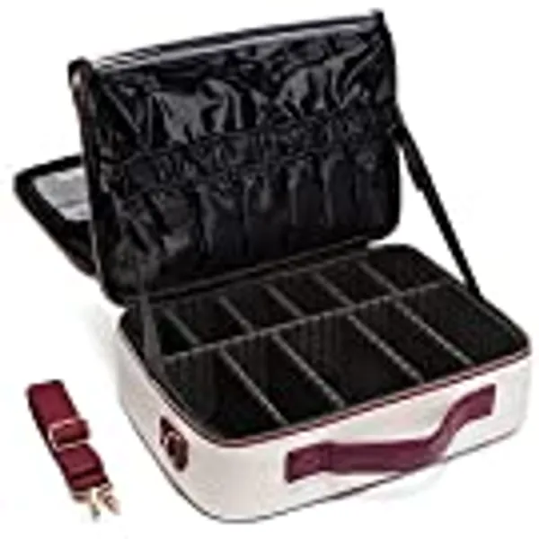 LACATTURA Travel Makeup bag, Leather Makeup Train Case Cosmetic Organizer for Makeup Brushes Toiletry Digital Accessories, Portable Artist Storage Bag With Shoulder Strap for Women lady White, Large