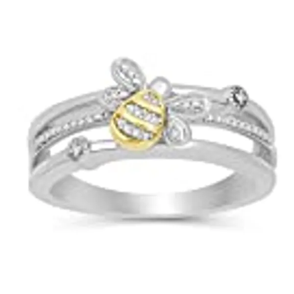 Jewelili Sterling Silver and 10K Yellow Gold Natural White Round Diamonds Bumblebee Band Ring, Size 7