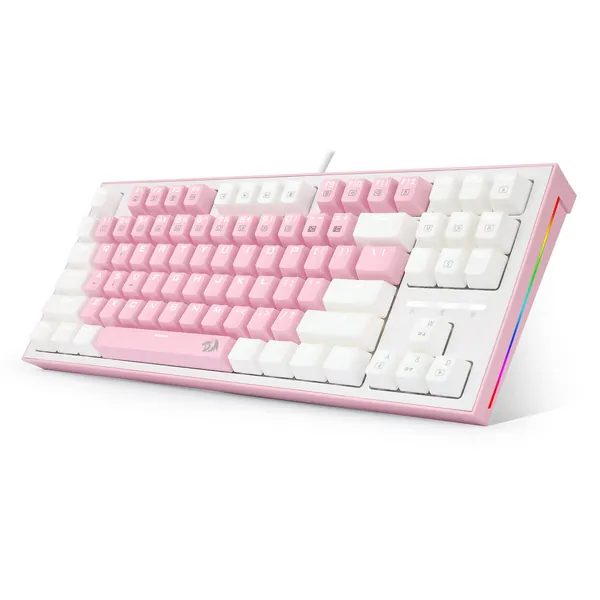 Redragon K611 Dual Color Keys Mechanical Gaming Keyboard Single White LED + RGB Side Edge Backlit 87 Key Tenkeyless Wired Computer Keyboard with Blue Switches for Windows PC (Pink + White) - Pink-White