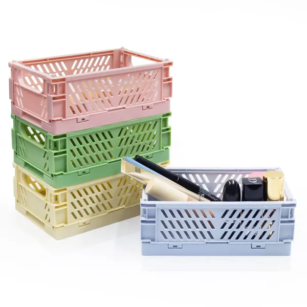 Xhwykzz 4 Pack Mini Pastel Crates for Storage, Mini Plastic Folding Baskets, Cute Colorful Organizing Crates for Bedroom Office Classroom Bathroom Desktop Drawer Shelf（5.9x3.9x2.2in） - 