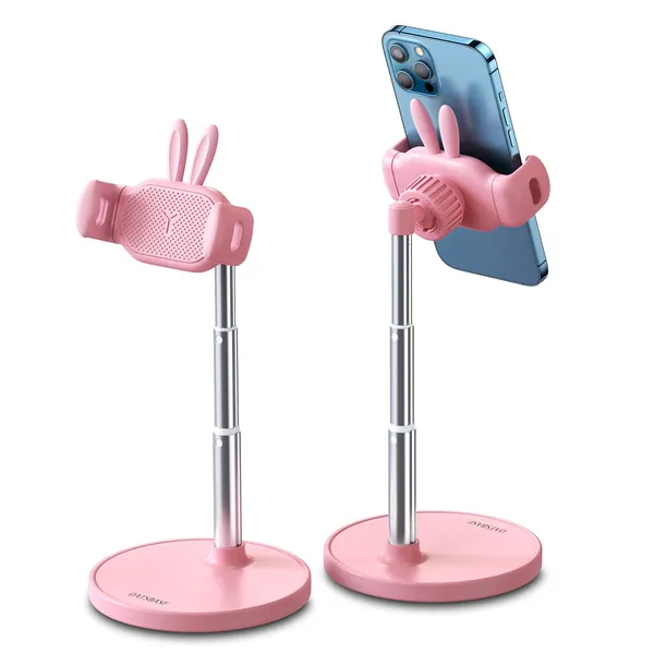 Cute Phone Stand, OATSBASF Angle Height Adjustable Cute Bunny Phone Stand for Desk, Kawaii Phone Holder Stand for Desk, Compatible with All Mobile Phones, iPhone 11 12 Pro Max (Pink) - Pink
