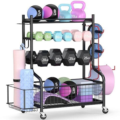 PLKOW Dumbbell Rack, Weight Rack for Dumbbells, Home Gym Storage for Dumbbells Kettlebells Yoga Mat and Balls, All in One Workout Storage with Wheels and Hooks, Powder Coated Finish Steel - Black, 40.4''(L)x15.8''(W)x36.8''(H)