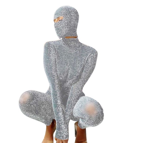 Black Jumpsuit for Women Back Hollow Long Sleeve Catsuit Sexy See Through Bodysuit - X1 Silver Small