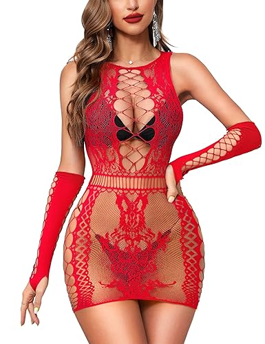 RSLOVE Women Lingerie Sexy Outfits Fishnet Bodysuit with Gloves Bodystocking Babydoll - One Size - Red