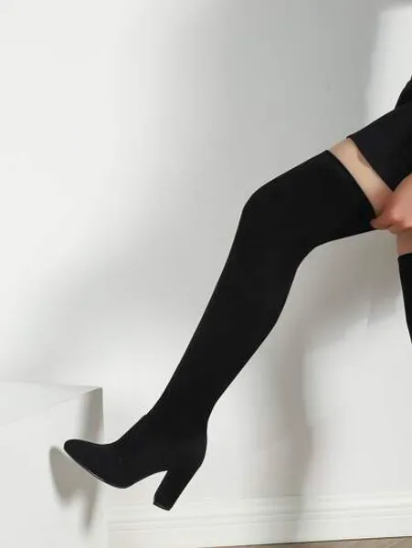 Minimalist Point Toe Chunky Heeled Faux Suede Sock Boots, Ladies' Fashionable Plain Elastic Velvet Tight Over-The-Knee Long Boots With Sexy Appearance