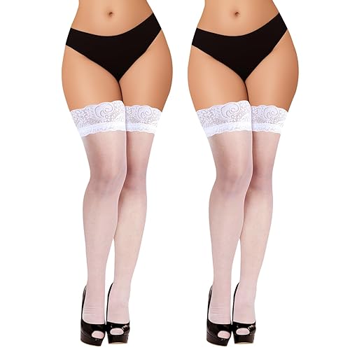 YOGINGO Sheer Lace Top Thigh High Stockings for Women - Silicone Bands Hold Up Lingerie Elegant and Comfortable(1 pair) - M - White