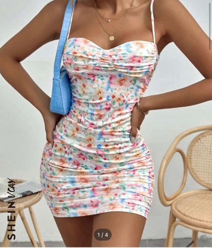 SHEIN VCAY Floral Print Ruched Cami Satin Bodycon Dress | SHEIN USA