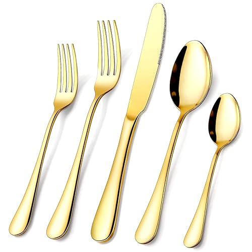 Cutlery Set, OGORI 40-Piece Gold Stainless Steel Flatware Set, Tableware Silverware Set with Spoon Knife and Fork Set, Service for 8,Easy Clean, Mirror Polished - cutleryUK-40 - Gold