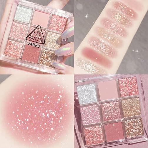 Kayswang 9 colors glitter eyeshadow palette makeup palette matte high pigment color cream texture natural eye shadow powder eye shadow palette in autumn and winter long lasting and waterproof (pink) - pink