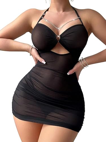 CRIPOM Sexy Lingerie for Women Sheer Lingerie Set Bodycon Mini Lingerie Dress Ruched Party Clubwear Outfits - Black - Medium