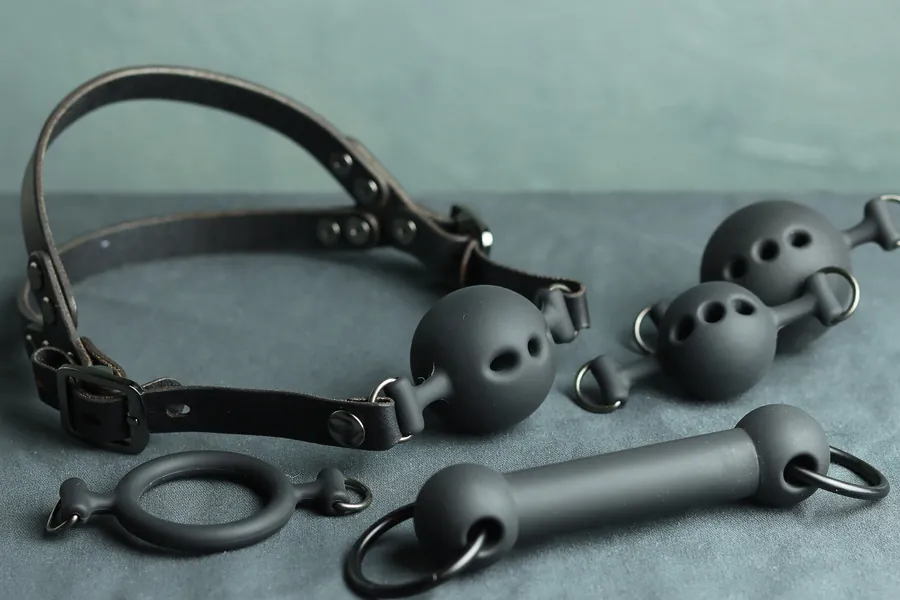 Black 5 Gag Set: Multiple Size Ball Gags, Ring Gag, Bit Gag, Premium Leather Straps